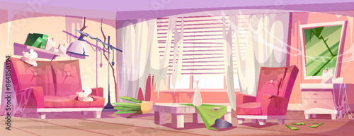 Abandoned pink living room interior. Vector cartoon illustration of damaged couch and armchair, broken mirror on wall, dust and cobweb on cracked furniture, torn curtains on window in dirty apartment