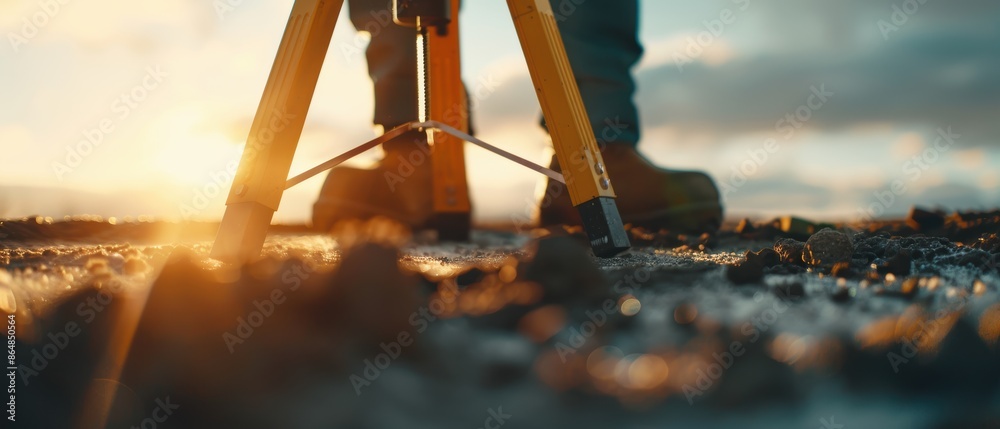 Close-up of surveyor's tripod with boots on muddy ground at sunrise, highlighting precision and outdoor work in surveying.