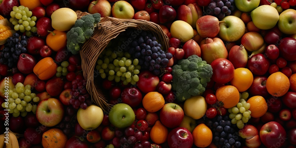 A vibrant assortment of fruits and vegetables spilling from a basket, showcasing nature's bounty and promoting healthy eating. A vibrant assortment of fruits and vegetables spilling from a basket, showcasing nature's bounty and promoting healthy eating.