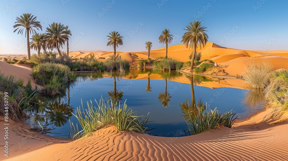 Obraz premium Desert oasis with tall palm trees and still water under clear blue sky surrounded by golden sand dunes