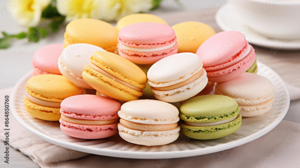 Vibrant macarons on a white plate perfect for Easter celebrations. Vibrant macarons on a white plate perfect for Easter celebrations.