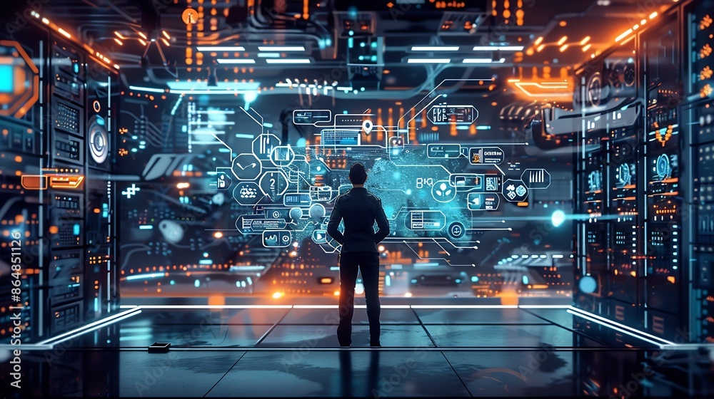 Fototapeta premium Internet Business Digital technology Network and cybersecurity of data center with engineer working in a server room computer Data analytics troubleshooting with a programmer : Generative AI