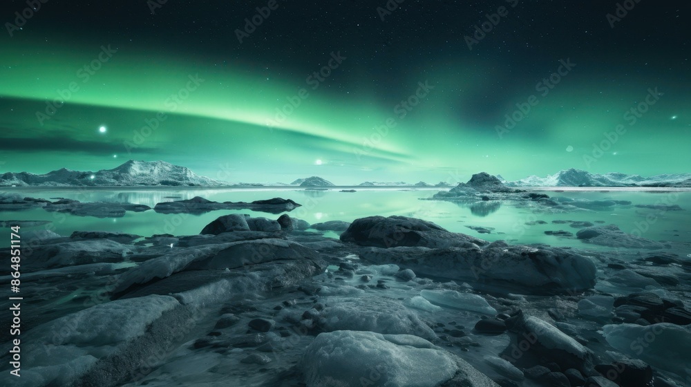 Explore the mesmerizing winter landscape featuring the Aurora lights, snowcapped mountains, and frozen oceans at night. Explore the mesmerizing winter landscape featuring the Aurora lights, snowcapped mountains, and frozen oceans at night.