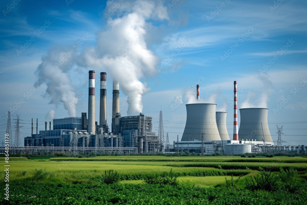 a factory with smoke stacks and green grass a factory with smoke stacks and green grass
