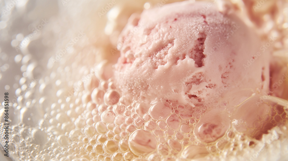 Fototapeta premium A closeup of elegant champagne and strawberry ice cream, its pale pink color and bubbly texture set against a white background