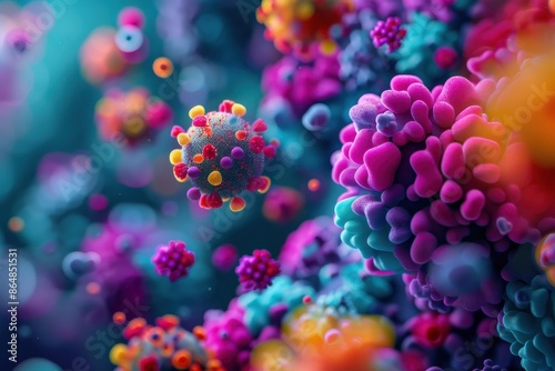 Colorful microscopic view of viruses in vibrant shades, highlighting intricate details and textures of viral particles in a close-up shot.