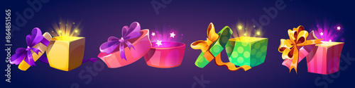 Surprise gift boxes set isolated on background. Vector cartoon illustration of open present packages wrapped in color paper, decorated with ribbon bows, light and stars shining inside, holiday giftbox