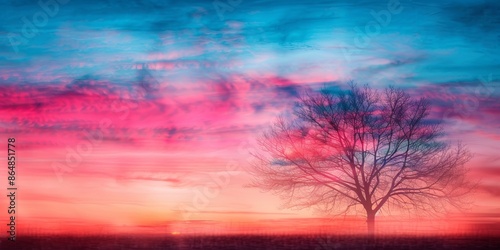 Beautiful solitary tree silhouette under vibrant pink sunset sky with colorful cloud patterns. Perfect for nature and landscape enthusiasts.