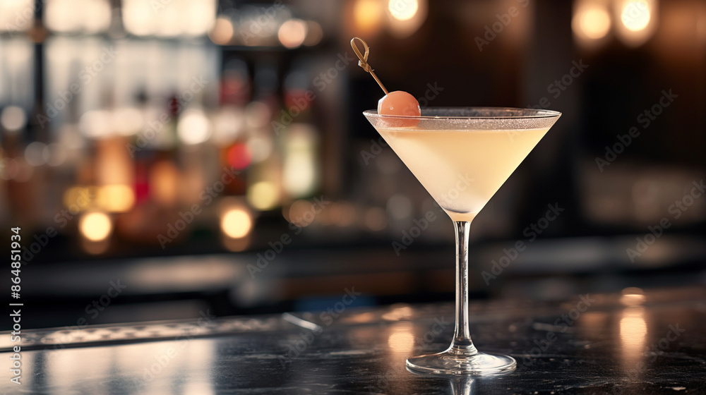 An exotic lychee martini, served in a stylish martini glass, garnished with a whole lychee An exotic lychee martini, served in a stylish martini glass, garnished with a whole lychee