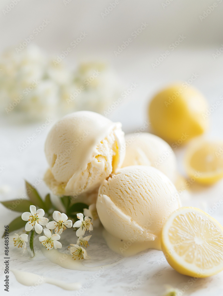 An image of chic elderflower and lemon gelato, its light color and subtle floral-citrus flavor against a white backdrop, perfect for a feature on light and elegant summer desserts
