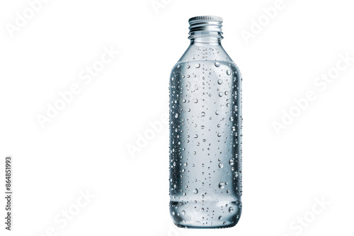 A glass bottle of water with condensation droplets. The bottle is isolated on a black background. photo