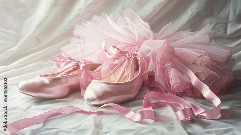Pink ballet tutu and Pink Ballet shoes with ribbons on floor,Flat pink ballet dress,Concept of dance,ballet school, ballerinas clothes Pink ballet tutu and Pink Ballet shoes with ribbons on floor,Flat pink ballet dress,Concept of dance,ballet school, ballerinas clothes