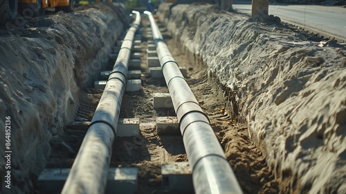 Laying new water pipes in a concrete ditch Thermal line Up close : Generative AI photo