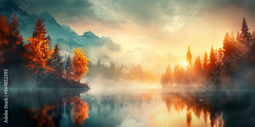 Breathtaking autumn sunrise over a serene lake, surrounded by misty mountains and vibrant foliage, reflecting on the water's surface. #864852393