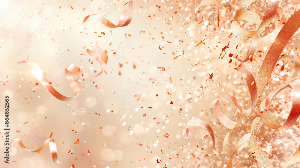 Delicate light festive background with gold and pink glitter and confetti for Christmas celebration, birthday greeting card, banner. Place for text Delicate light festive background with gold and pink glitter and confetti for Christmas celebration, birthday greeting card, banner. Place for text
