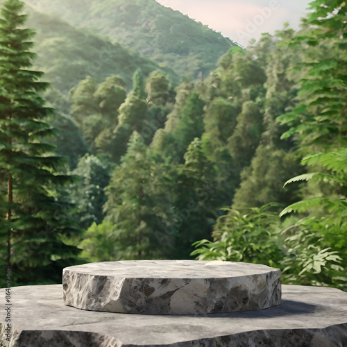 Stone podium on rock platform 3d illustration, grey rock pedestal for a product display stand, yellow forest and blurred on the background, natural scenery landscape, 3d render © MDSIAM
