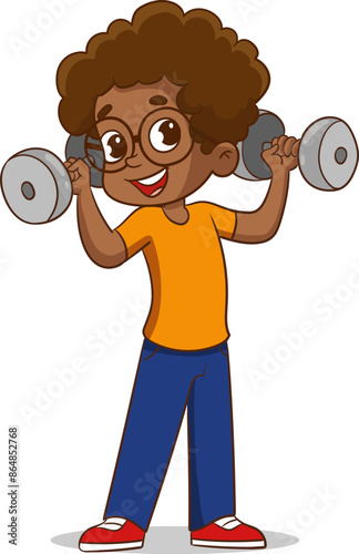 Healthy cute little boy doing sport exercises fitness workout with dumbbells