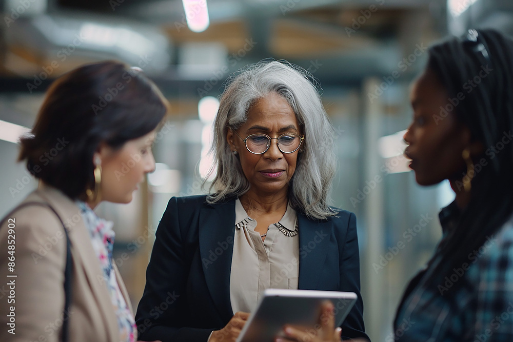 Senior female manager discussing business strategies with younger colleagues, all focused on a tablet, modern office setting Senior female manager discussing business strategies with younger colleagues, all focused on a tablet, modern office setting
