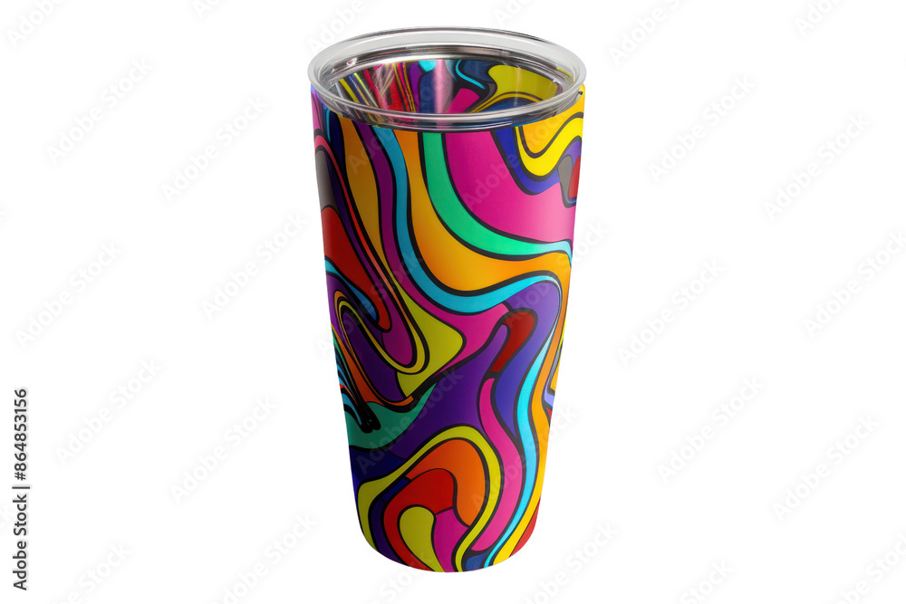 Fototapeta premium A colorful, abstract swirl pattern on a tall, stainless steel tumbler. The design features vibrant shades of pink, purple, yellow, orange, and blue.