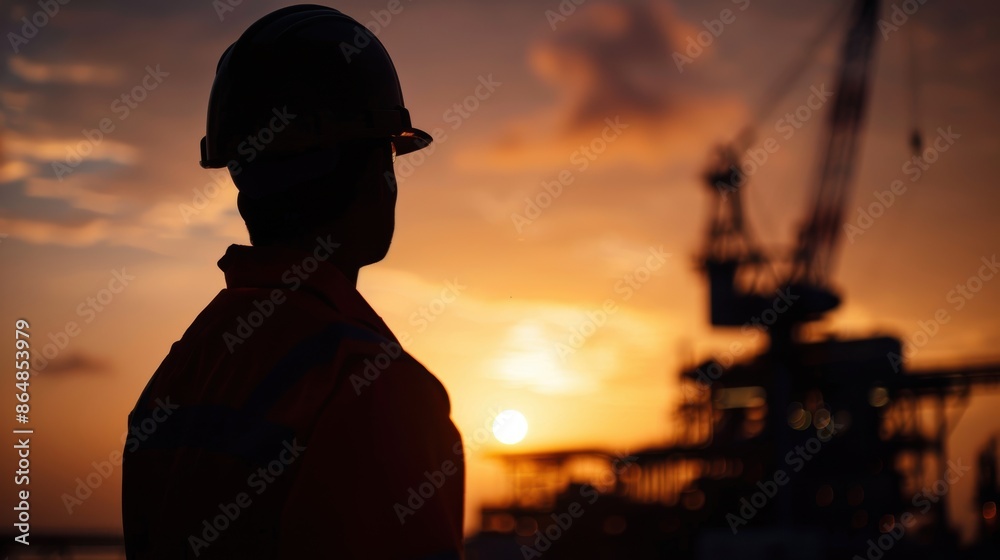Silhouette of construction worker at sunset with crane in background, symbolizing industrial work, dedication, and evening shift challenges. Silhouette of construction worker at sunset with crane in background, symbolizing industrial work, dedication, and evening shift challenges.