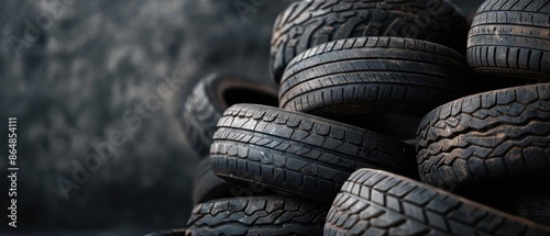 Stack of used tires on a dark background. Focus on tire treads, suitable for recycling, automotive, or environmental themes. photo