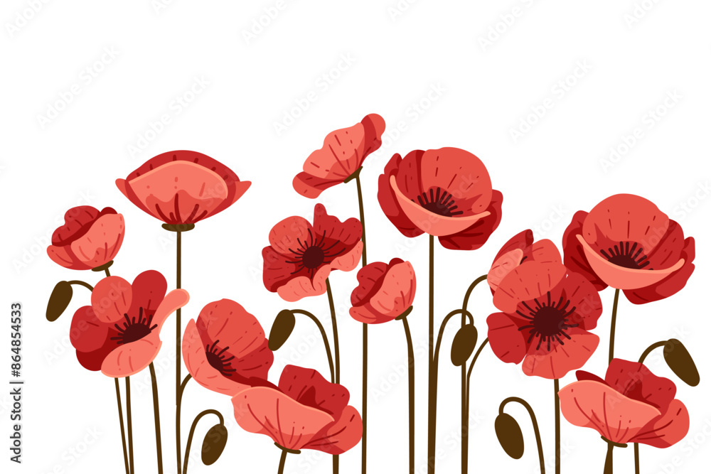 Obraz premium Red poppy flower in a row simple design vector illustration isolated on white background