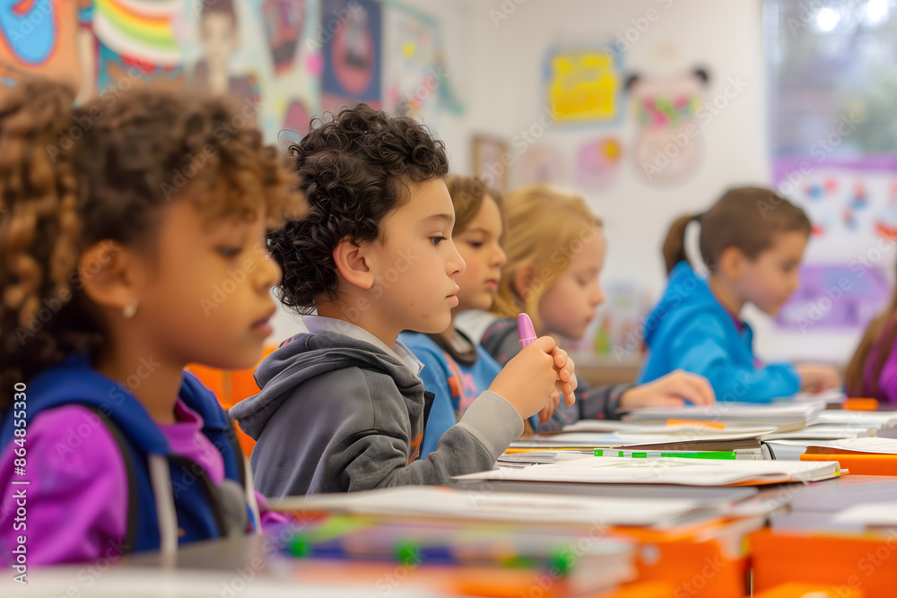 Fototapeta premium Diverse group of children focused on studying together in a colorful classroom setting