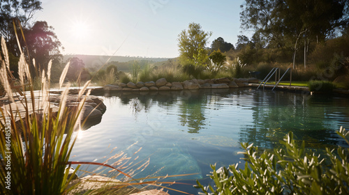 a pool with rocks and trees