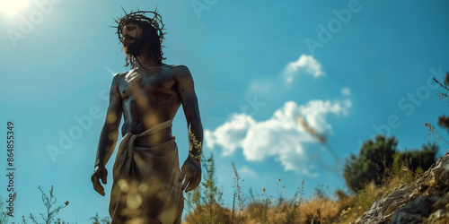 A black Jesus Christ with a crown of thorns on his head standing on a hill