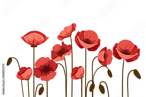 Red poppy flower in a row simple design vector illustration isolated on white background