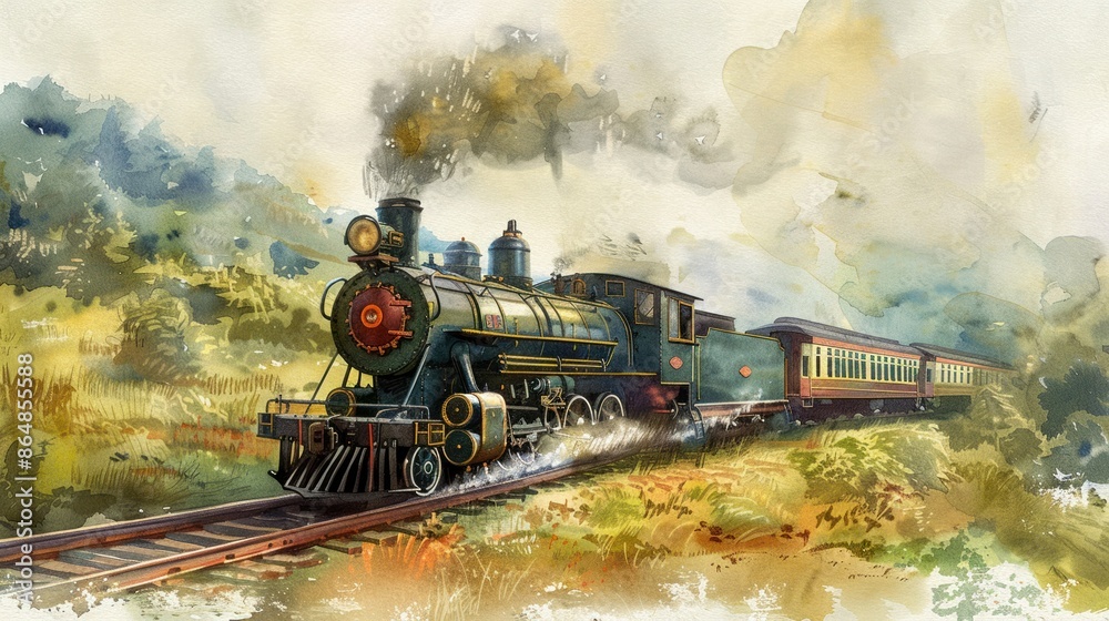 Fototapeta premium Old-fashioned train in a landscape scene rendered in watercolors