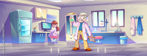 Science laboratory interior. Research room cartoon background. Medical lab with scientist and biotechnology equipment. Computer, flask, capsule and table for workspace in university 2d game design