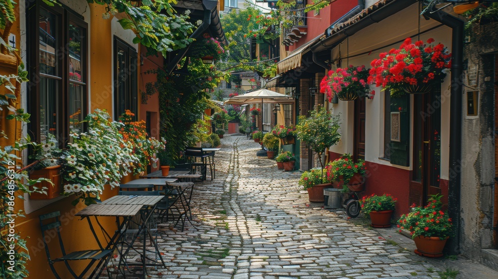 A serene alley with a brick wall and flower boxes under the windows. A serene alley with a brick wall and flower boxes under the windows.