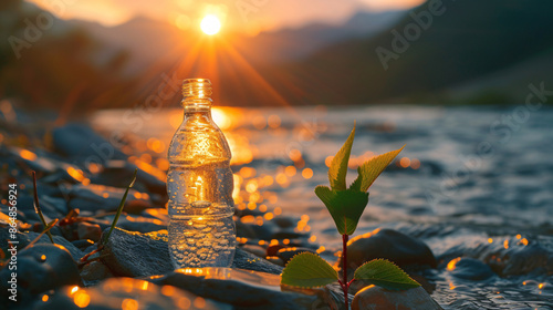 a water bottle on a rocky beach