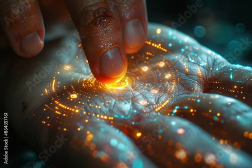 a person touching a glowing circle on a hand
