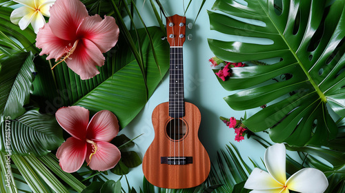 a ukulele surrounded by tropical leaves