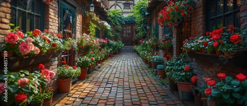 A serene alley with a brick wall and flower boxes under the windows.