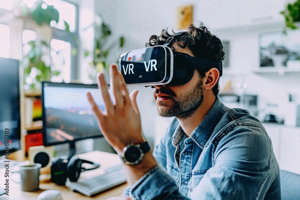 Man experiencing virtual reality in a casual setting, using advanced VR headset and immersive digital technology, futuristic innovation. Man experiencing virtual reality in a casual setting, using advanced VR headset and immersive digital technology, futuristic innovation.