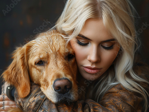 a woman hugging a dog