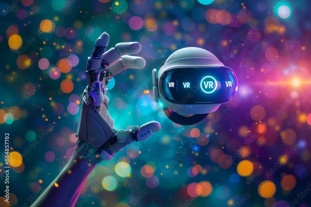 Fototapeta premium Person holding futuristic VR device, surrounded by vibrant digital effects, representing cutting-edge virtual reality technology and innovation.