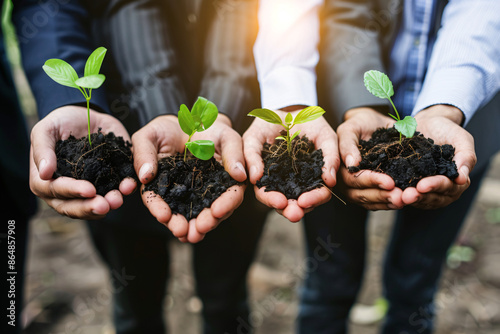 a group of hands holding dirt and small plants