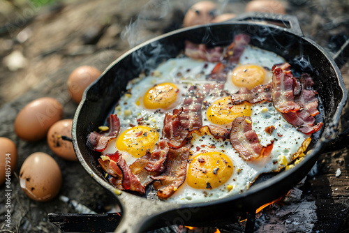 eggs and bacon cooking on a pan