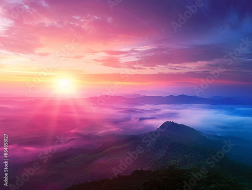 a sunset over a valley