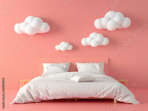 a bed with white clouds on the wall