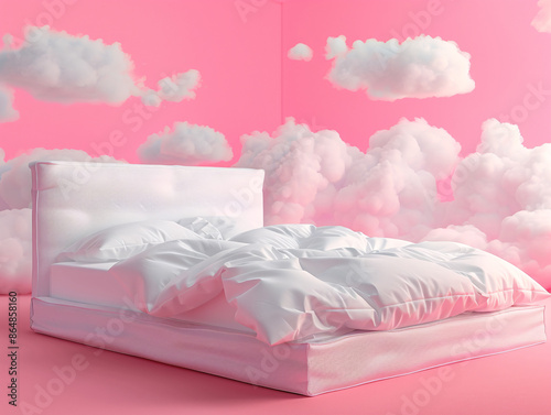 a bed with a pink background