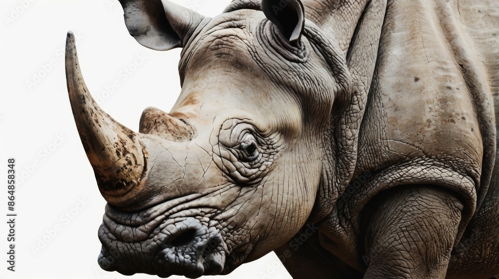 A realistic photo of a rhinoceros isolated on a white backdrop, focusing on its distinctive horns and rugged texture A realistic photo of a rhinoceros isolated on a white backdrop, focusing on its distinctive horns and rugged texture