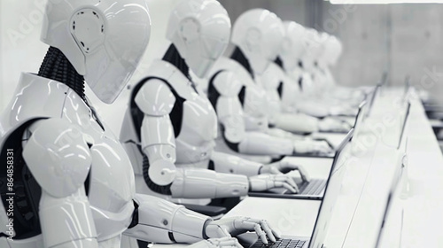 a group of robots sitting at computers