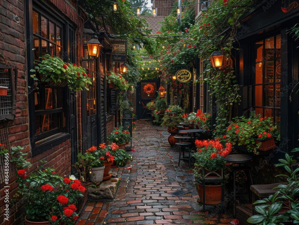 A serene alley with a brick wall and flower boxes under the windows. A serene alley with a brick wall and flower boxes under the windows.