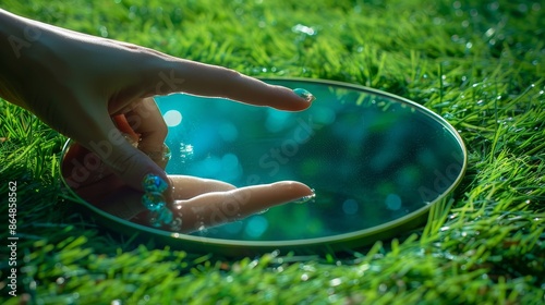 Woman Hand touching sky reflection in round mirror on summer fieldand green grass,nature concept,copy space. photo