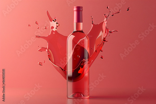 a bottle of wine splashing out of a pink background